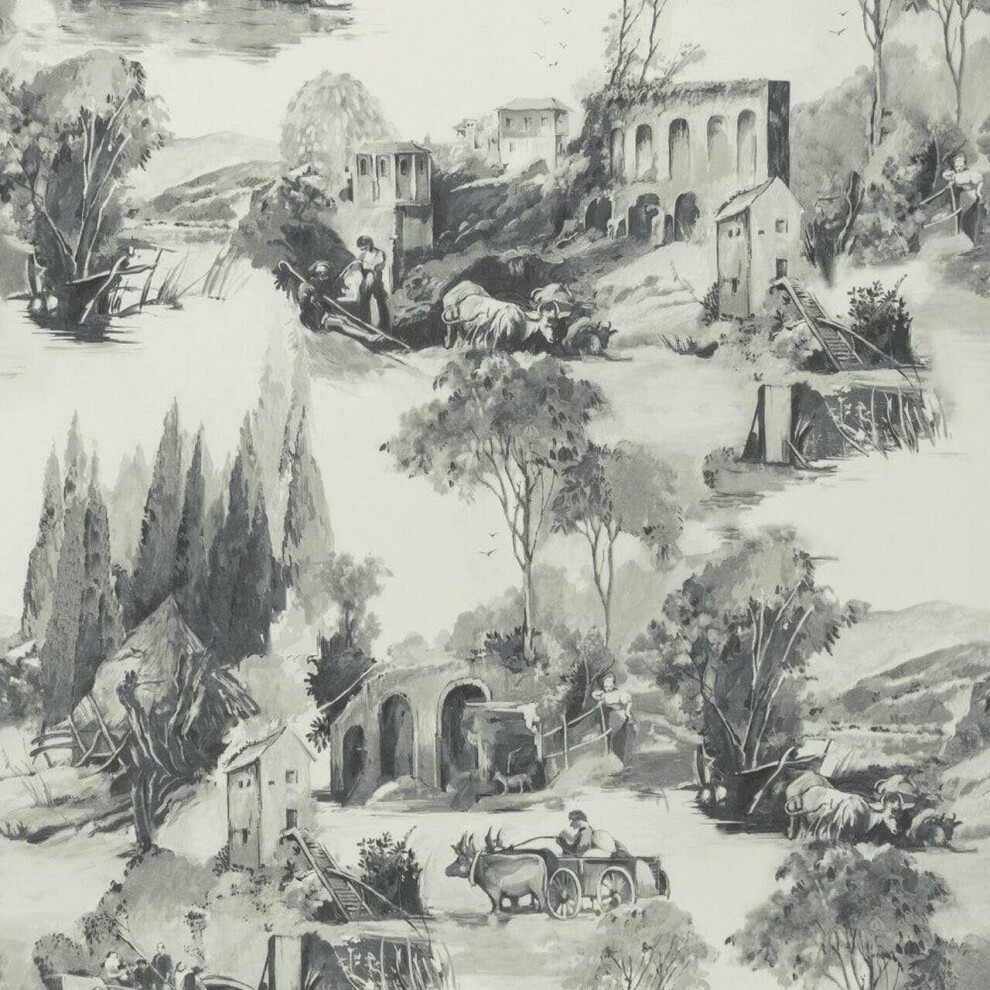 Clarke and Clarke Anastacia Charcoal Wallpaper Toile De Jouy