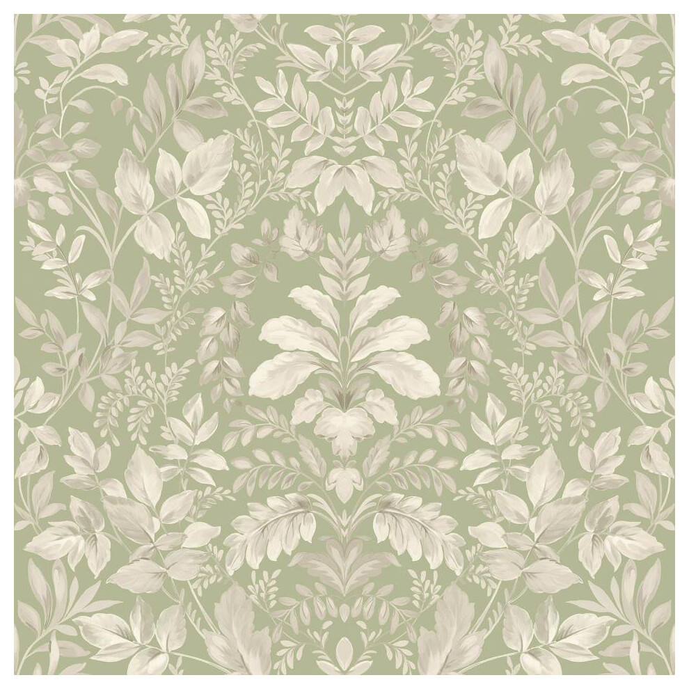 Sage Green Damask Leaf Wallpaper Holden Classic Natural Leaves Tree Floral Cream