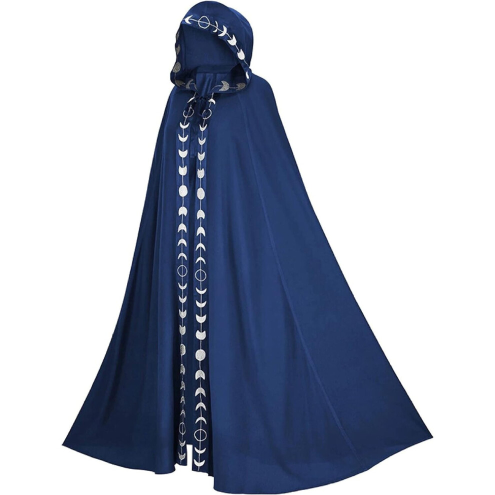 (Blue, Small) Unisex Gothic Mysterious Renaissance Wizard Witch Hooded Cloak Halloween Cosplay Costume Party Cape