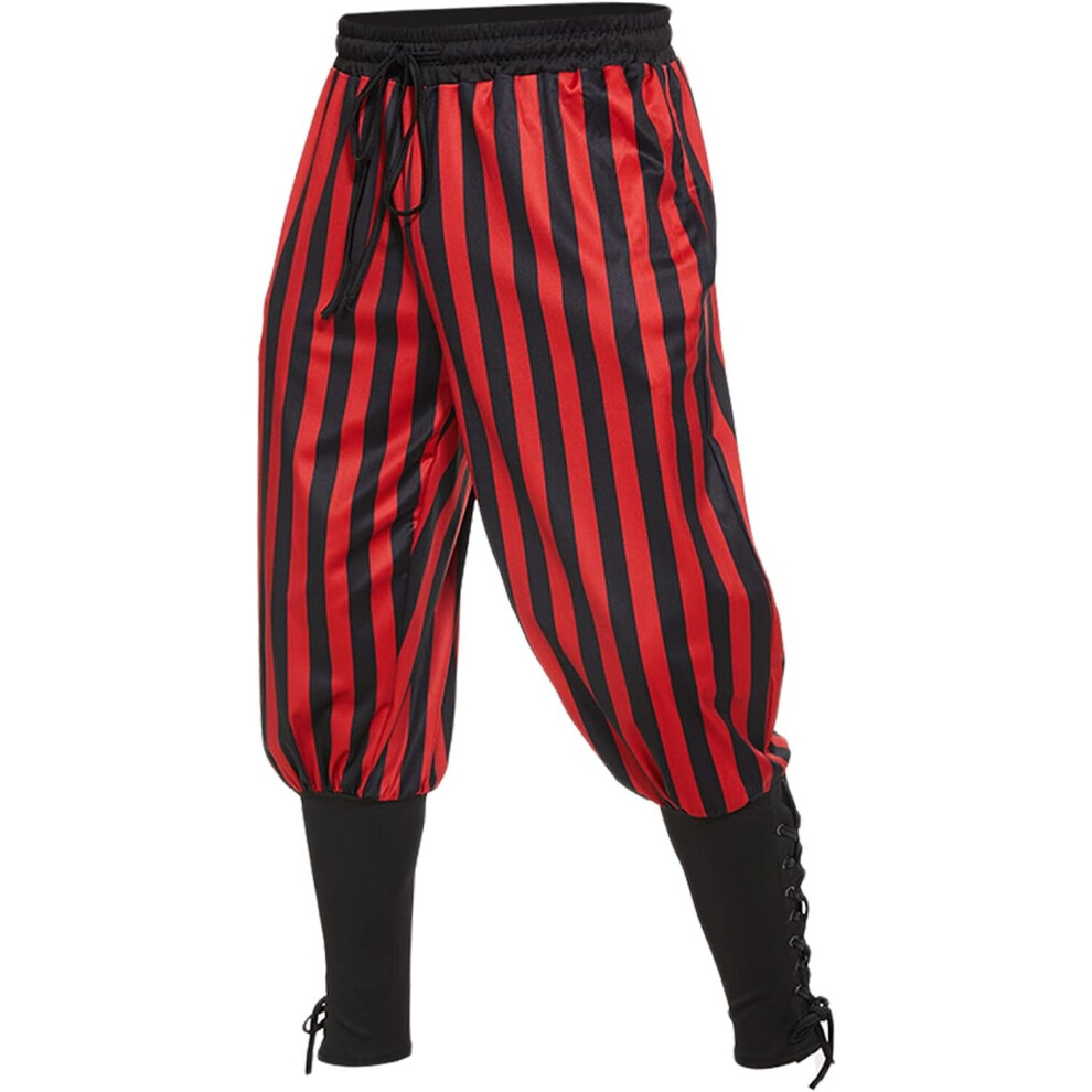 (Black-red, Medium) Men's Ankle Banded Pants Medieval Viking Navigator Pirate Costume Trousers Renaissance Gothic Pants