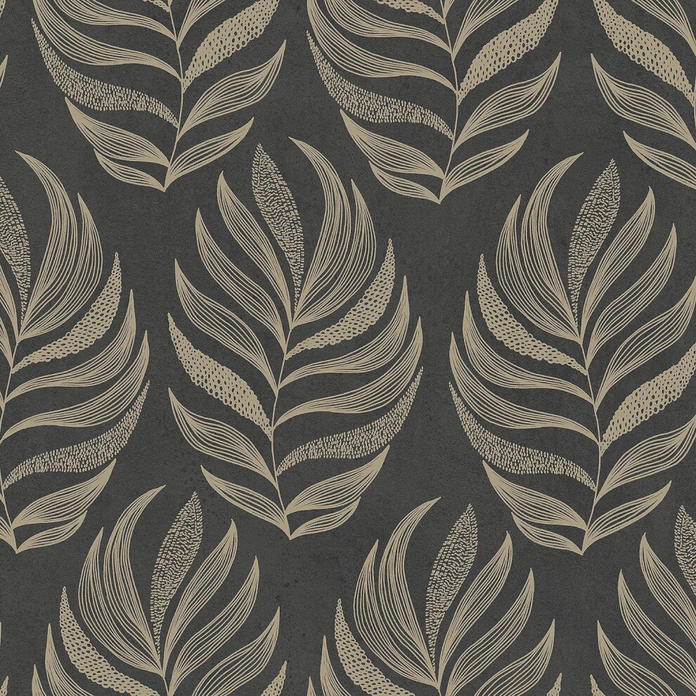 Metallic Effect Leaf Gold Charcoal Wallpaper Modern Contemporary