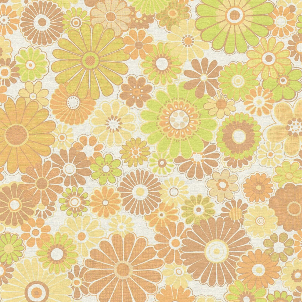 As Creation Retro Floral Pattern Wallpaper Lime Green Orange Paste The Wall 4051315625958