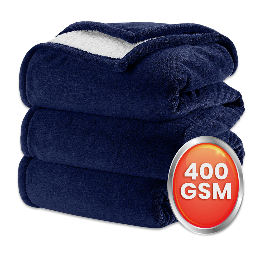 (Navy Blue, Super King (230 x 270 cm)) Sherpa Fleece Blanket Bed Throw Reversible Sofa Mink