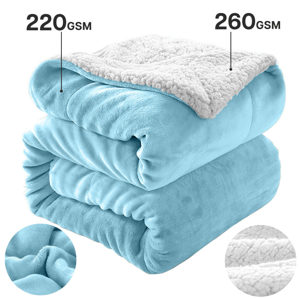 (Sky Blue, Super King (230 x 270 cm)) Sherpa Fleece Blanket Bed Throw Reversible Sofa Mink