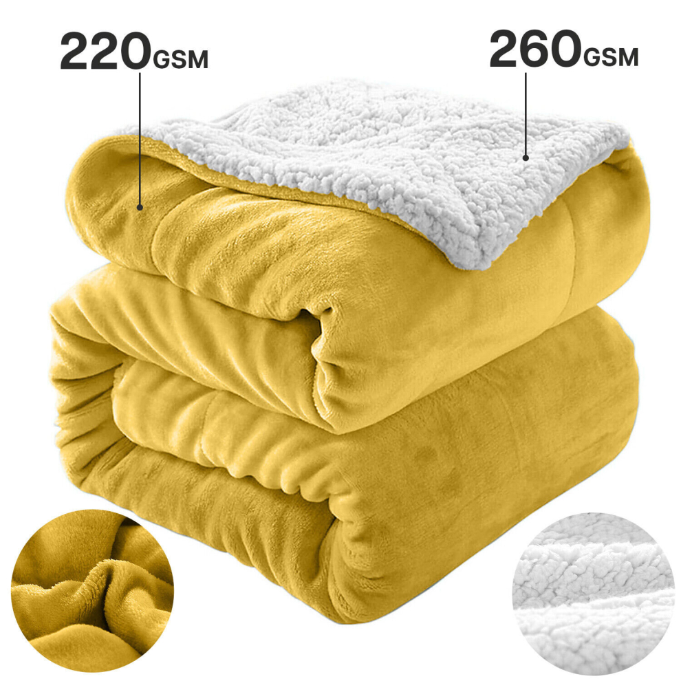 (Ochre, Super King (230 x 270 cm)) Sherpa Fleece Blanket Bed Throw Reversible Sofa Mink