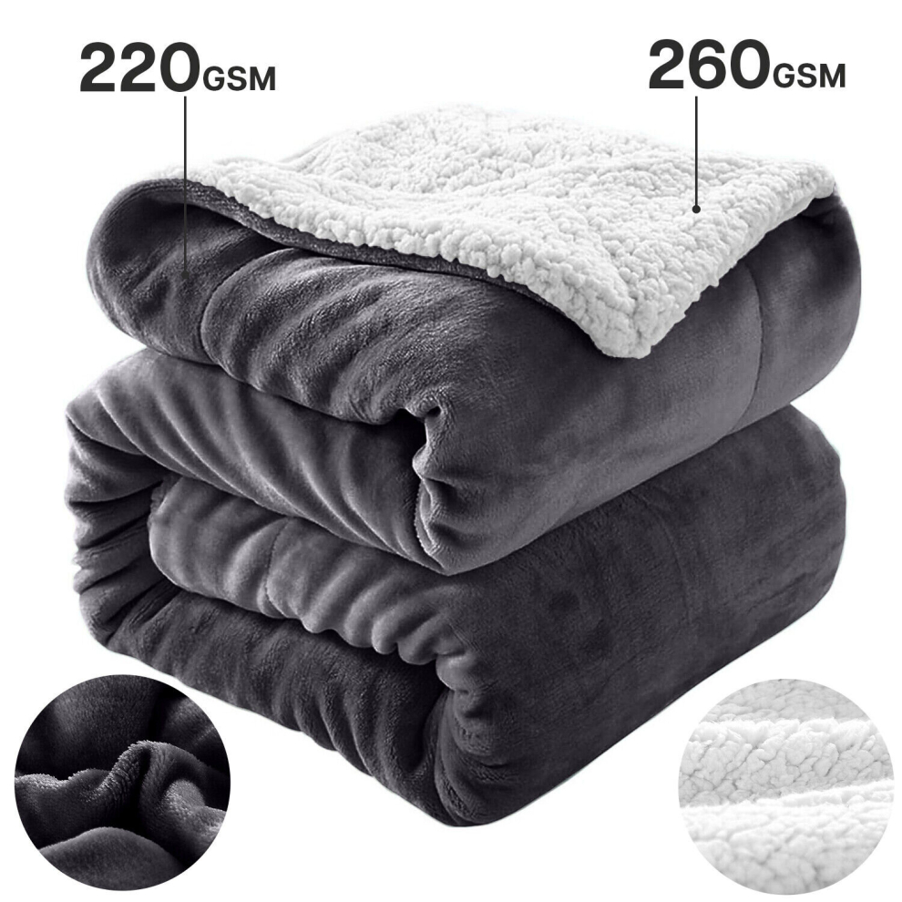 (Grey, Super King (230 x 270 cm)) Sherpa Fleece Blanket Bed Throw Reversible Sofa Mink