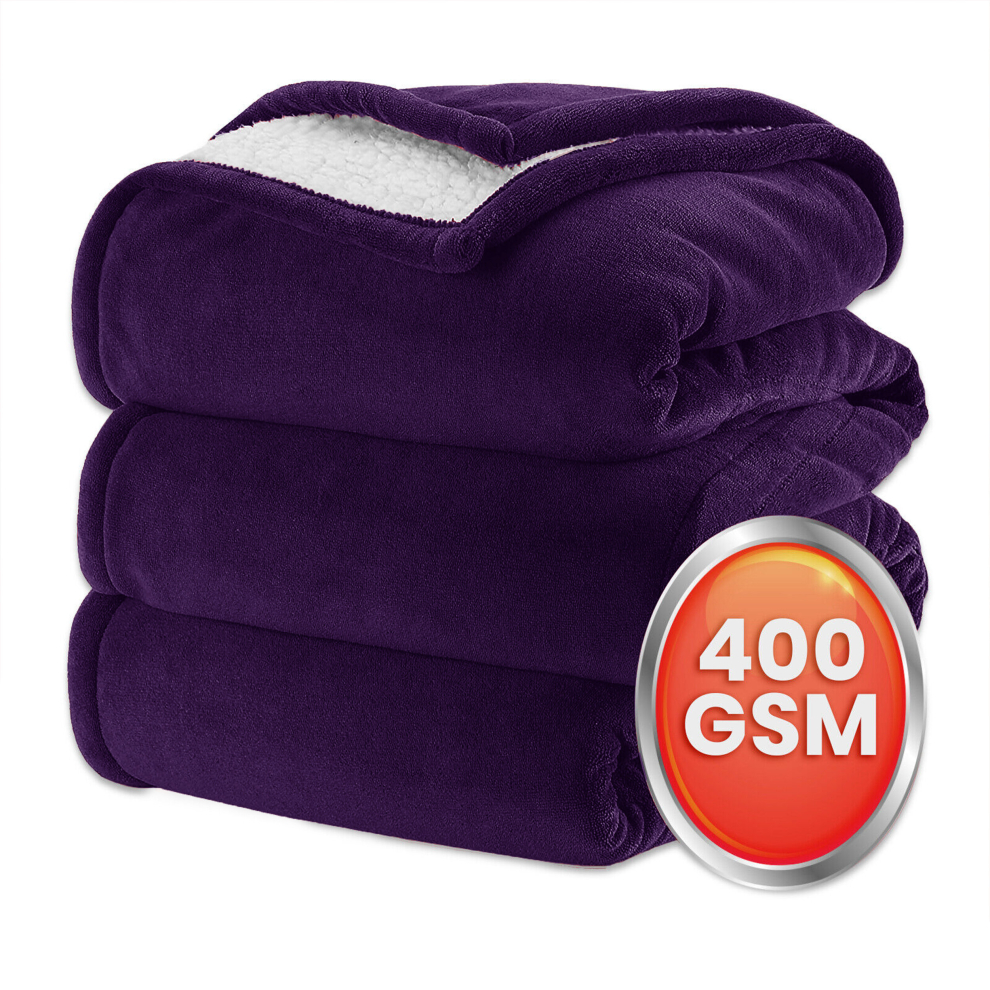 (Purple, Super King (230 X 270 cm)) Sherpa Fleece Blanket Bed Throw Reversible Sofa Mink