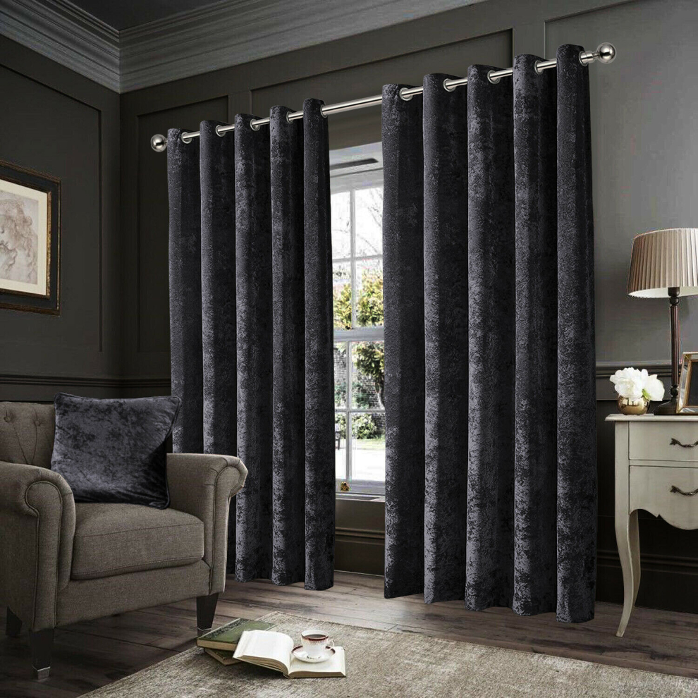 Imperial Rooms (Charcoal, 90" X 90" (228Cm X 228Cm)) Crushed Velvet Out Curtains Eyelet Ring Top Readymade Drapes Black