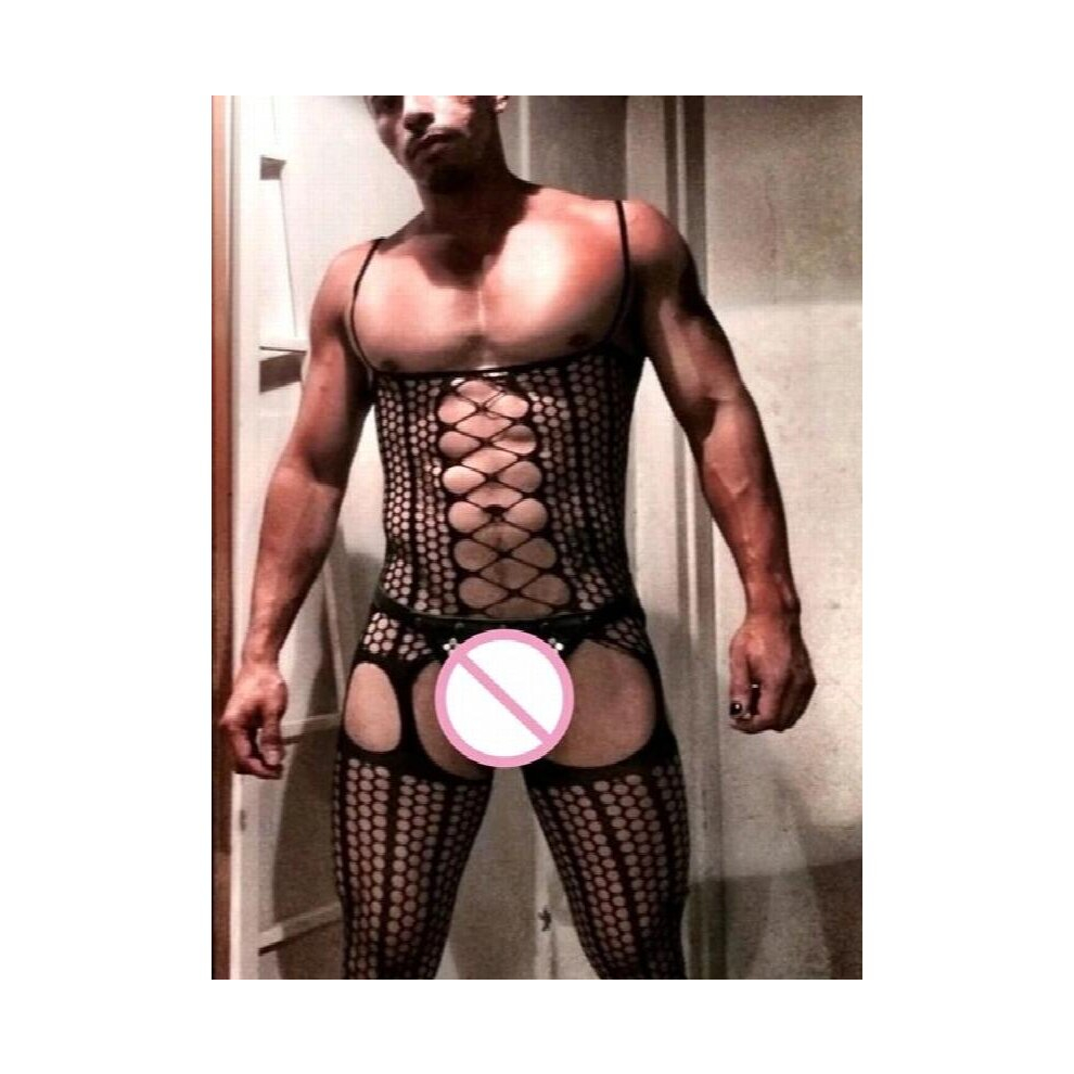 Black Mens One Piece Stockings Fishnet Socks Mens Siamese Pantyhose Open Crotch Net Tight Stockings Teddies Bodysuits Stockings