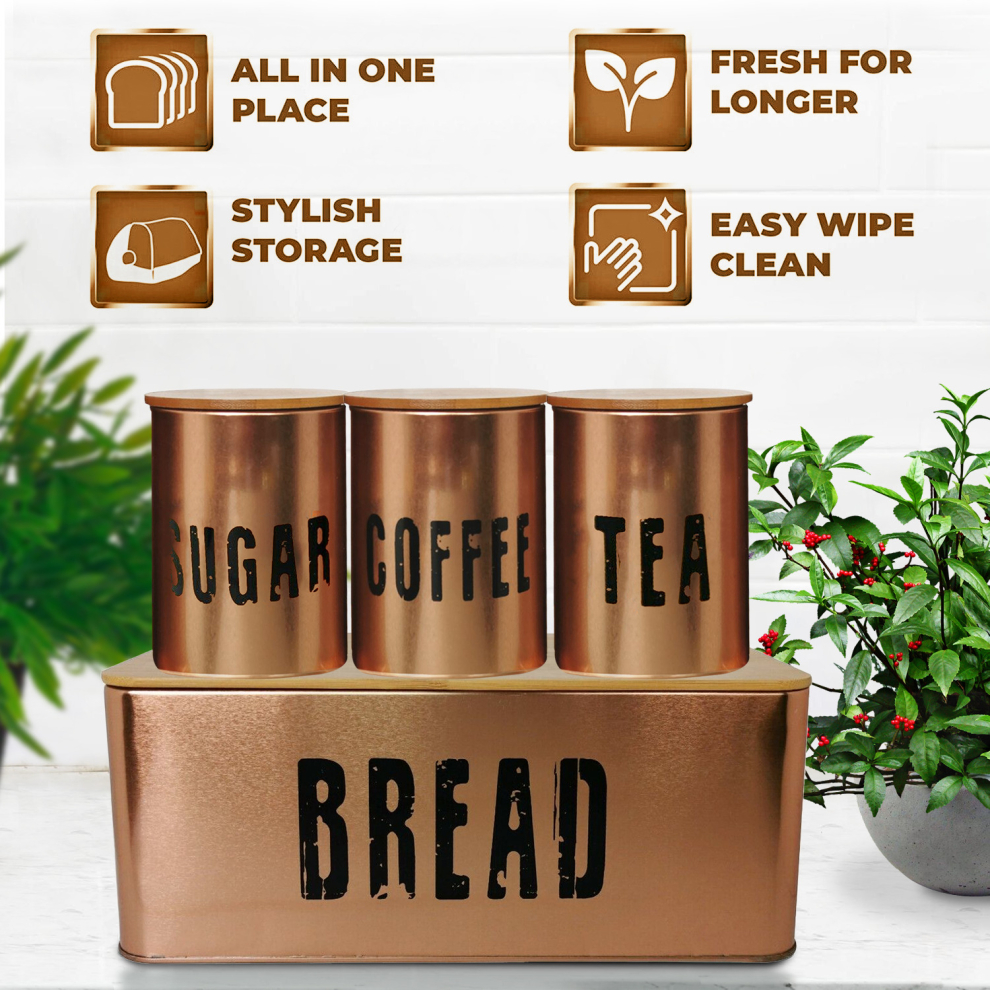 Denny Int Ltd (Copper) 4Pcs Bread Bin Kitchen Set Sealed Tea Coffee Sugar Tins