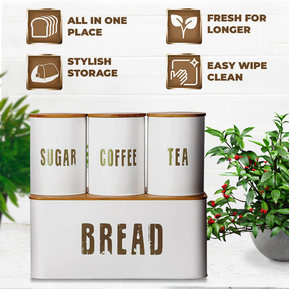 (WHITE) 4pcs Bread Bin Kitchen Set Sealed Tea Coffee Sugar Tins