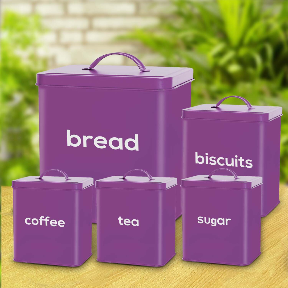 METAL BREAD BIN 5PC STORAGE CANISTERS SET SUGAR COFFEE TEA ENAMEL COATED