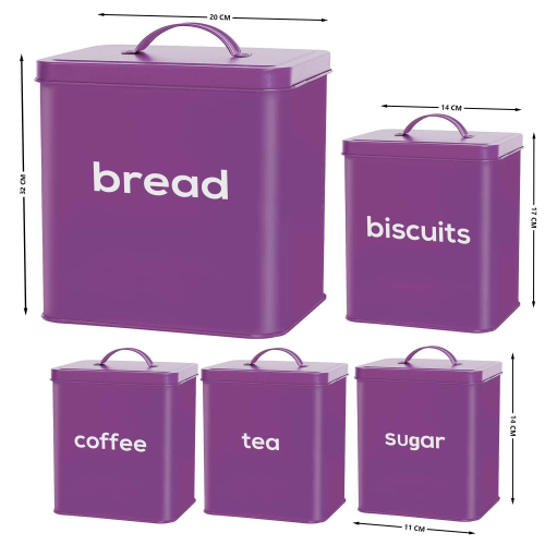 METAL BREAD BIN 5PC STORAGE CANISTERS SET SUGAR COFFEE TEA ENAMEL COATED 1