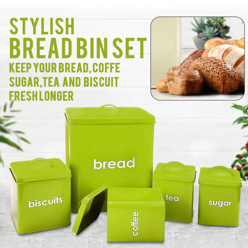 5pc Green Metal Bread Bin Canisters set