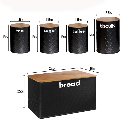 (BLACK) 5pc-Kitchen Set Bread Bin Tea Coffee Sugar Tins Biscuit Barrel Sealed Containers 1