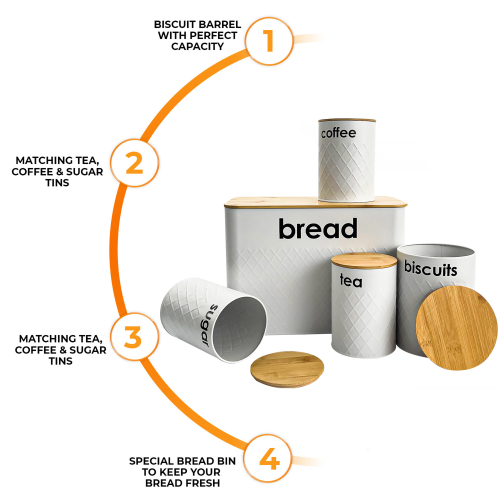 (WHITE) 5pc-Kitchen Set Bread Bin Tea Coffee Sugar Tins Biscuit Barrel Sealed Containers 1