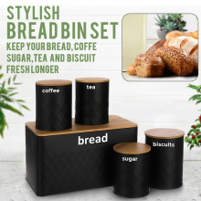 (BLACK) 5pc-Kitchen Set Bread Bin Tea Coffee Sugar Tins Biscuit Barrel Sealed Containers