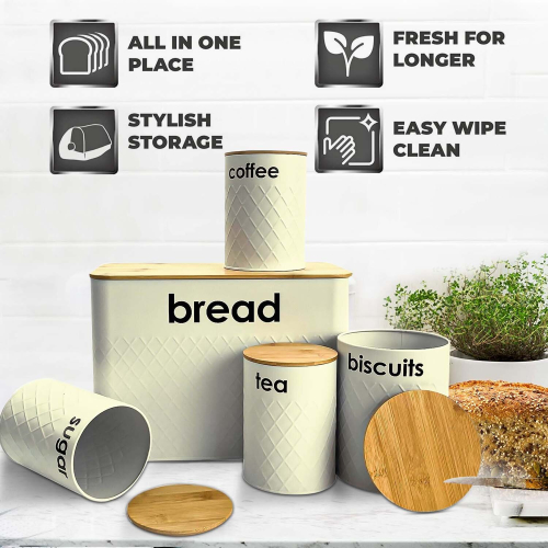 (CREAM) 5pc-Kitchen Set Bread Bin Tea Coffee Sugar Tins Biscuit Barrel Sealed Containers 1