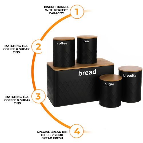 (BLACK) 5pc-Kitchen Set Bread Bin Tea Coffee Sugar Tins Biscuit Barrel Sealed Containers 2