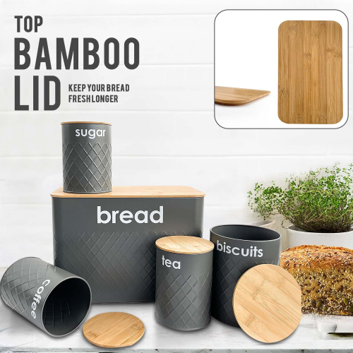 (GREY) 5pc-Kitchen Set Bread Bin Tea Coffee Sugar Tins Biscuit Barrel Sealed Containers 2