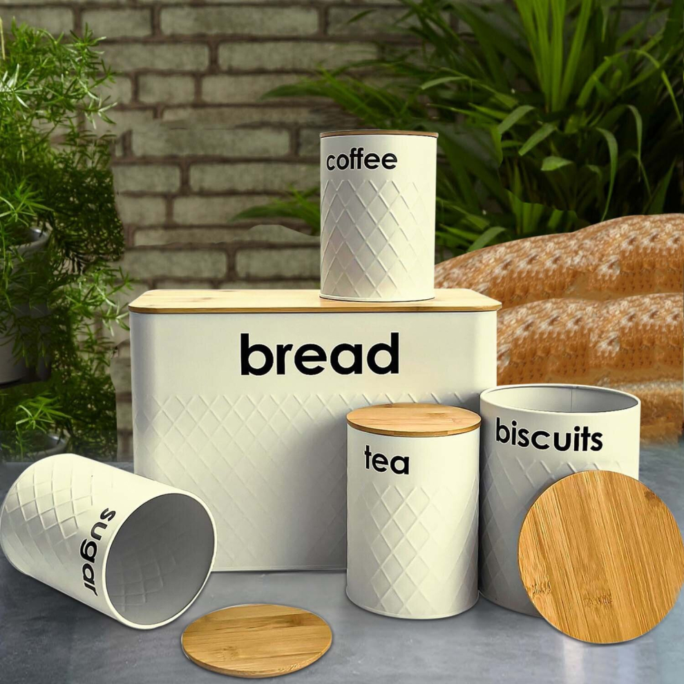 (CREAM) 5pc-Kitchen Set Bread Bin Tea Coffee Sugar Tins Biscuit Barrel Sealed Containers