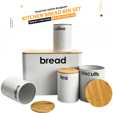 (WHITE) 5pc-Kitchen Set Bread Bin Tea Coffee Sugar Tins Biscuit Barrel Sealed Containers