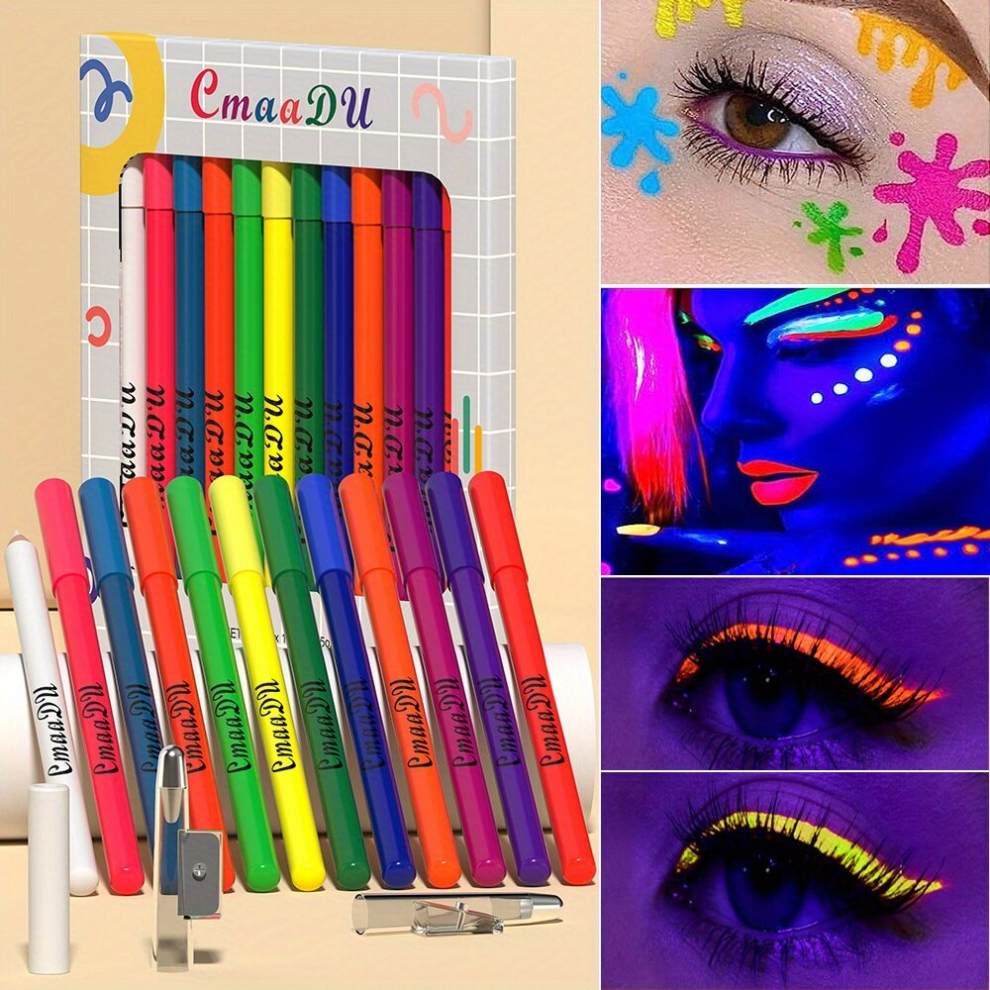 Multicoloured 12 Colors Fluorescent Eyeliner Pen Uv Glow Neon Eyeliner Pencil Set Kit Rainbow Matte Colored Colorful Liquid Eyeliners Pen Set Waterproof Long Lastin