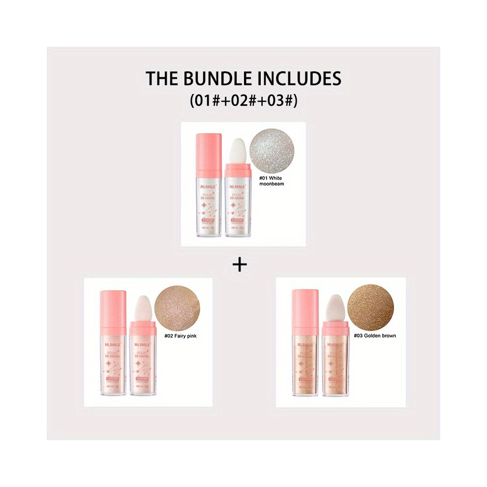 3pcs Highlighter Patting Powder Set Brightening Full Body Highlighter Loose Powder Natural Three dimensional Contouring Powder Stick With Sponge Head