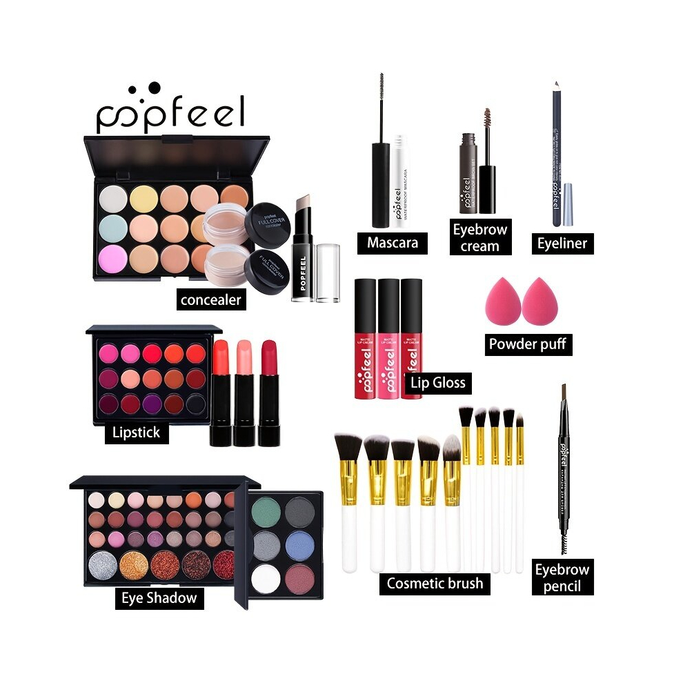 Multicoloured Ready All In One Makeup Set With Eyeshadow Eyeliner Eyebrow Mascara Concealer Lipstick Makeup Sponge And Brushes Perfect Gift For Beauty Enthusiasts