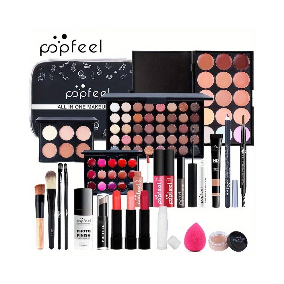 Multicoloured Makeup Set Cosmetic Set Eyeshadow Palette Lip Gloss Set Liquid Lipstick Makeup Sponge Foundation Concealer Eyebrow Pencil Blush And Makeup Tool Set