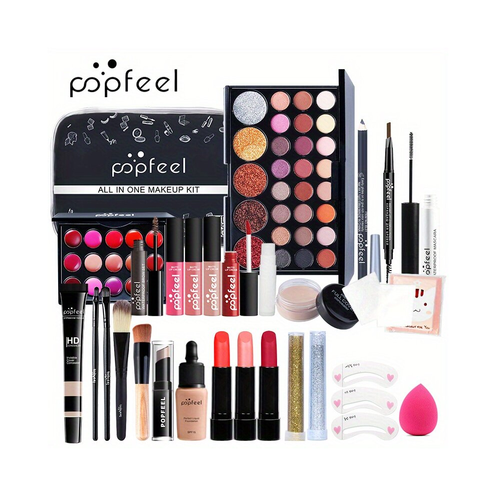 Cream,Multicoloured Cosmetics Makeup Set Eyeshadow Lip Gloss Palette Concealer Lipstick Glitter Powder Foundation Cream Eyebrow Pencil Makeup Brushes Set All In One Makeu