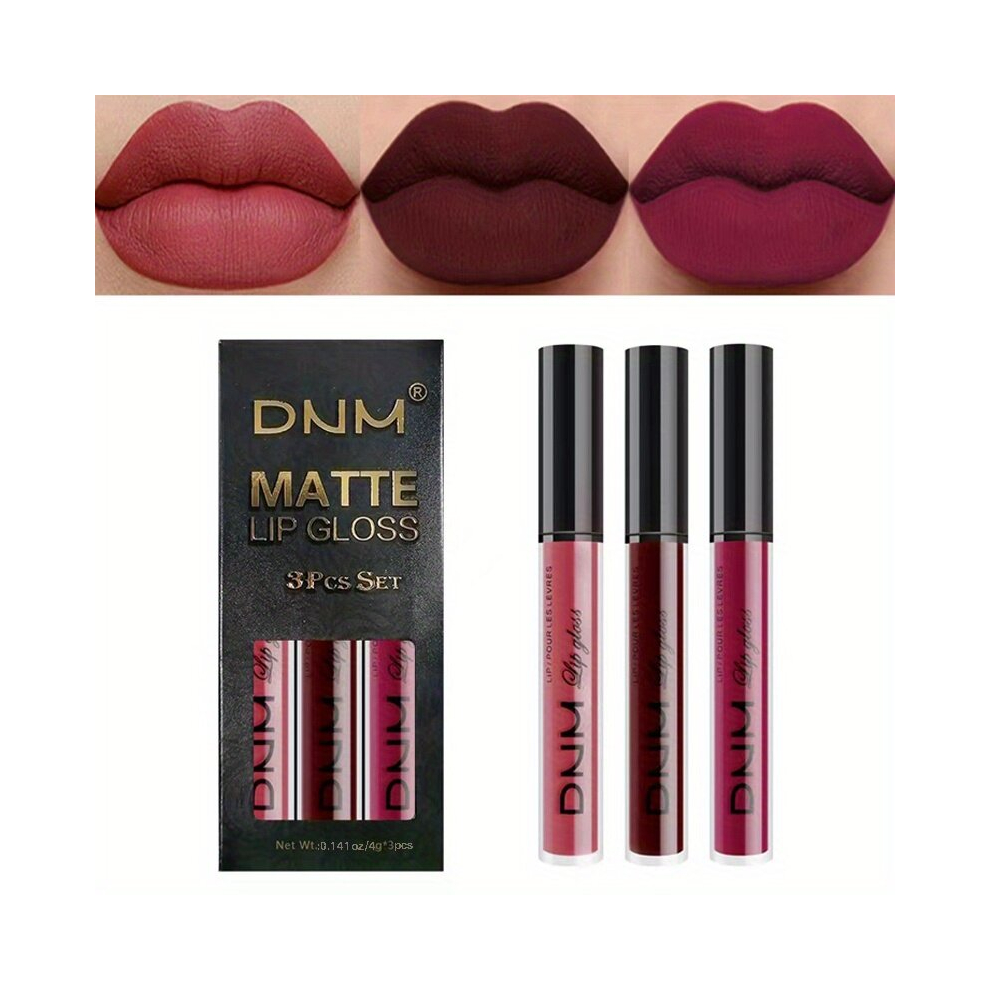 3Pcs Matte Liquid Lipstick Sets Dark Red Brown Lasting About 24H Lip Glaze Set Smudge Proof Waterproof Hydrating Lip Makeup Tool