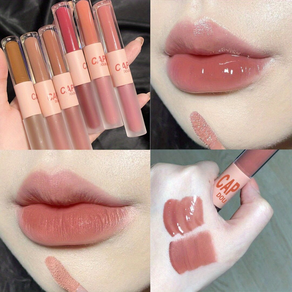 Lustrous And Matte Lip Glaze Double Ended Double Finish Low Saturate Translucent Lip Tint Lightweight Dewy Texture Lip Gloss 9 Colors