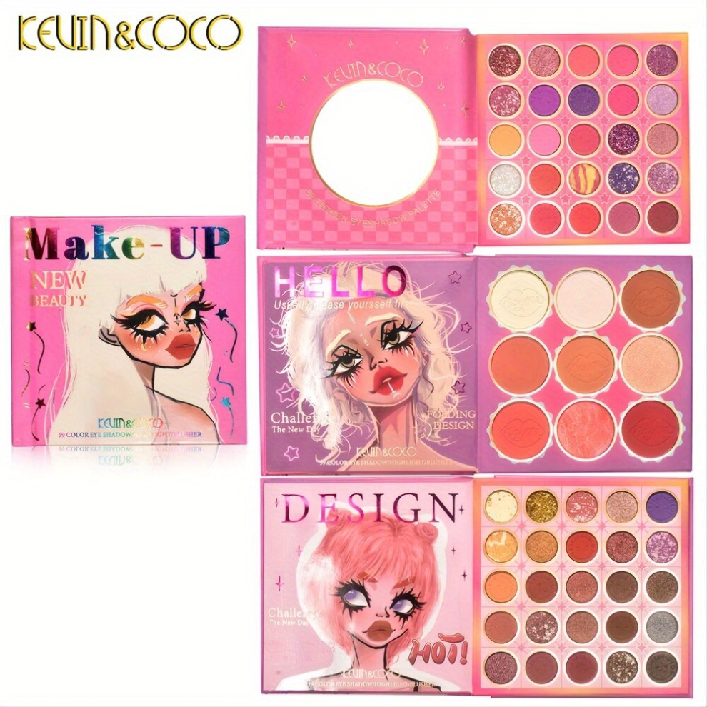 Pink,Multicoloured 59 Eyeshadow Palette Three Layer Book With Pearly Matte And Earth Tones For Contouring Highlighting And Blush Portable Cosmetics