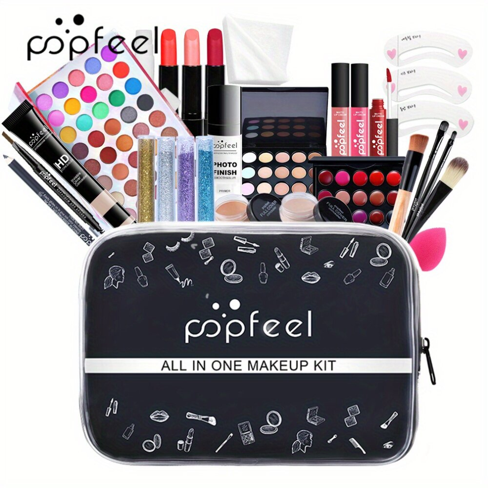 Multicoloured Full Kits Makeup Set Includes Eyeshadow Palette Lipstick Lip Tint Concealer Foundation Glitter Powder Makeup Brushes And Eyebrow Stencil Portable And