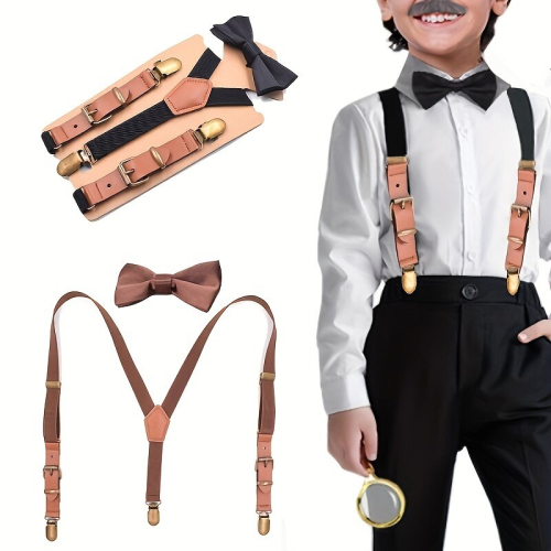 Childrens Y shaped Three clip Adjustable Suspenders And Bowtie 1