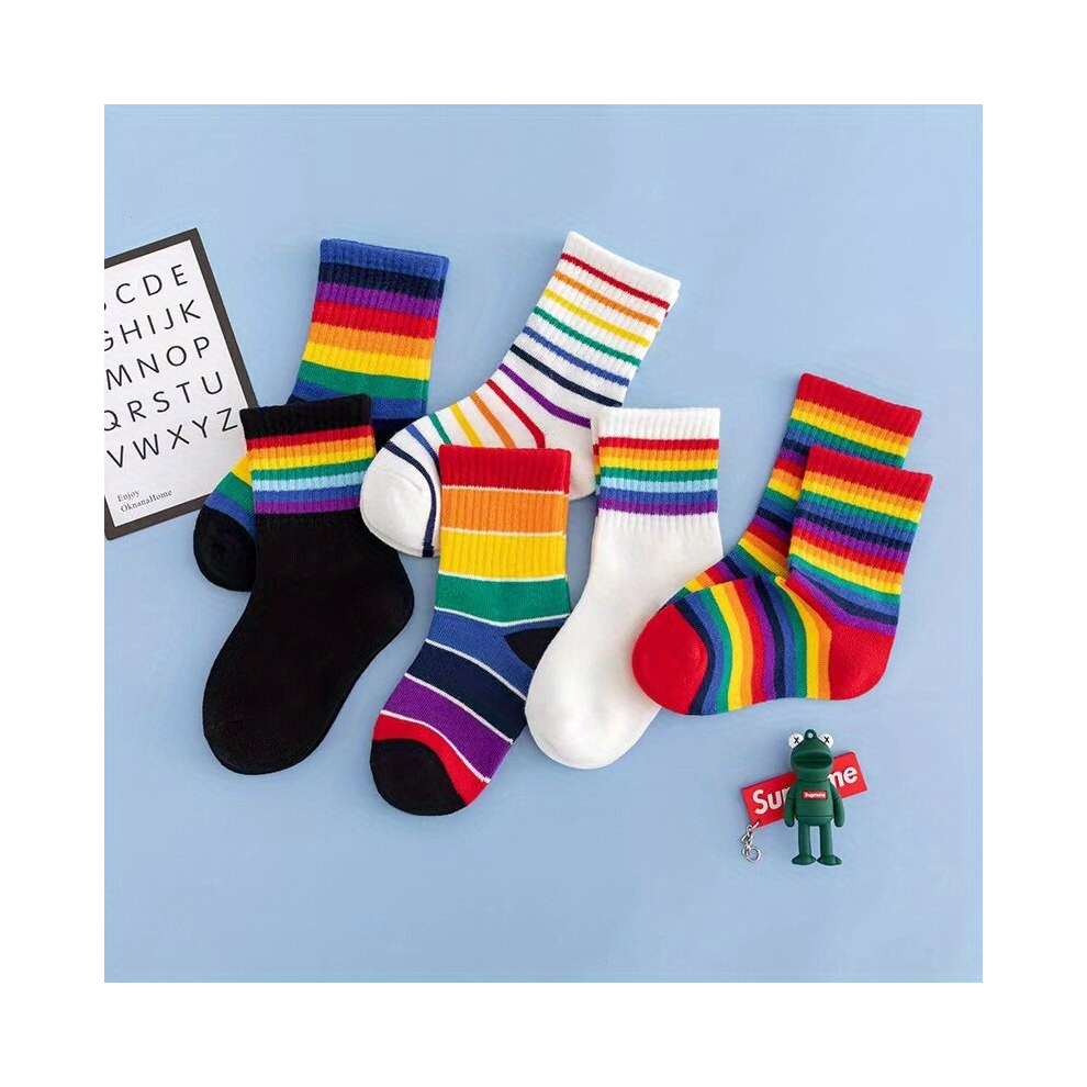 6pairs Childrens Rainbow Striped Socks Breathable Comfy Crew Socks Suitable For Both Boys And Girls 1 8Y-image-OPC-PCMTHVN-NEW