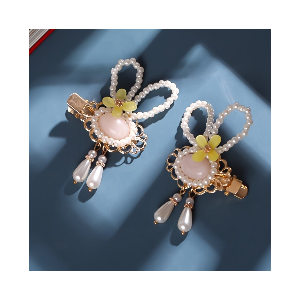 2pcs Girls Chinese Hanfu Headdress Pearl Beaded Hair Clip Bunny Flower Tassel Hairpin Side Clip Hair Accessories For Spring Year Childrens Gift-image-OPC-PCMTP8K-NEW