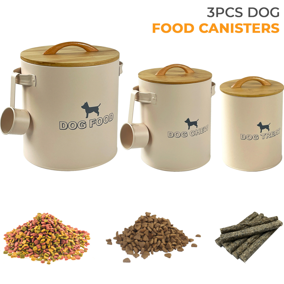 3PCS Dog Food Storage Tin Box with Bamboo Lid Canisters - Cream