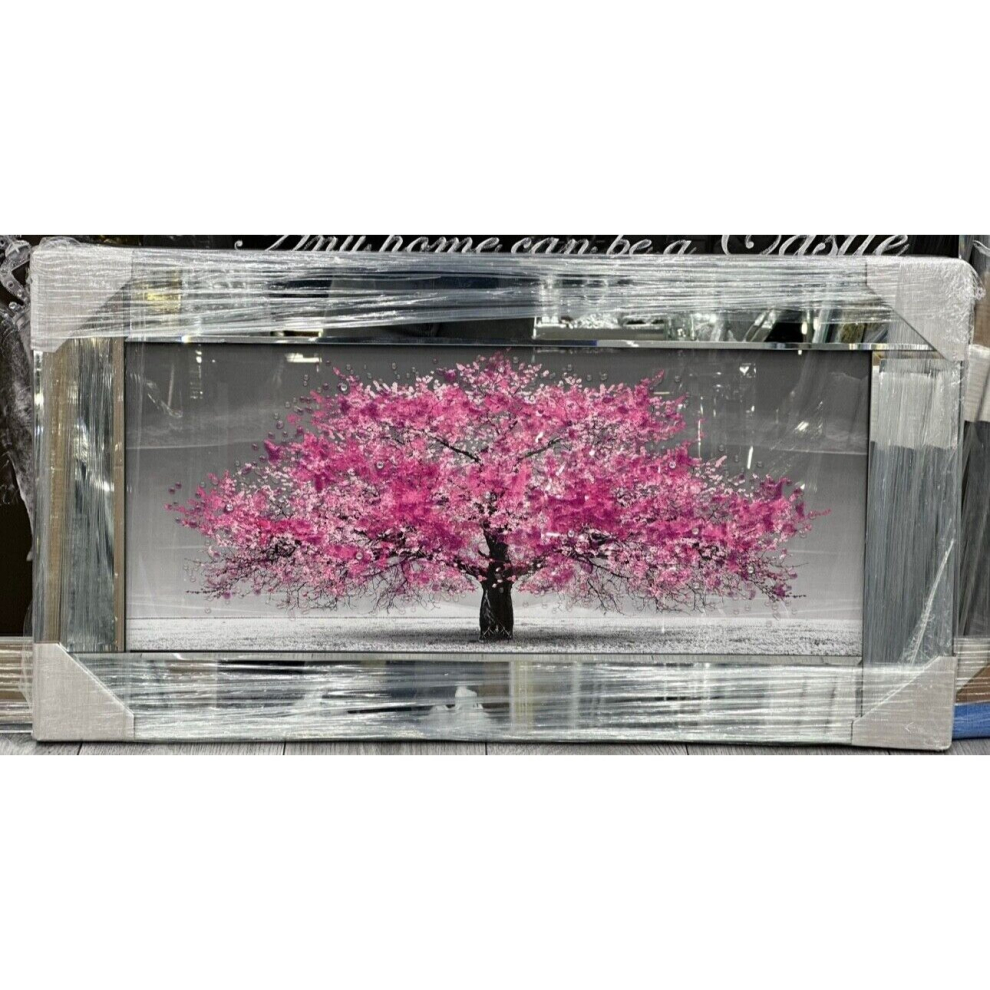 XL Wall Frame in Pink Cherry Blossom Tree Size, Chrome Look, 82x42cm