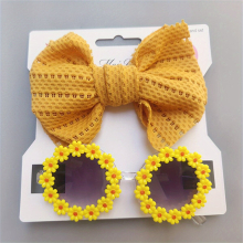 2pcs Girls Creative Bowknot Hair Rope & Flower Round Sunglasses For Outdoor Sun Protectionr Holiday Party Gift Kids Accessories