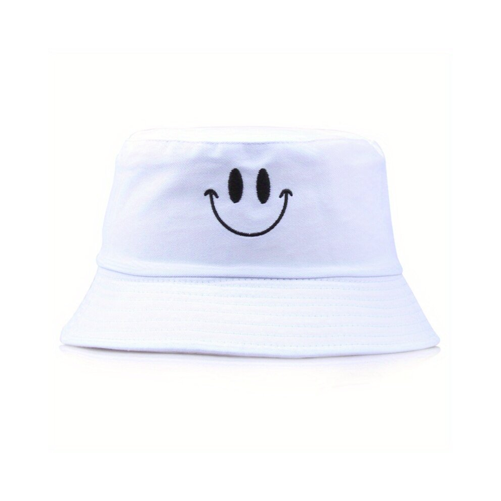 Spring And Summer Casual Happy Face Embroidery Bucket Hat Sun Protection Sunshade Hat Couple Basin Hat For Men White