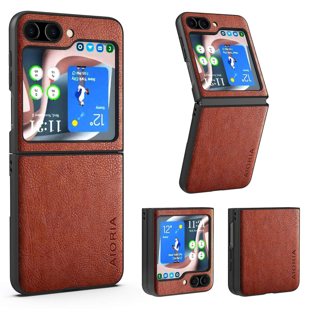 Aioria Shockproof Case For Samsung Galaxy Z Flip5 5G Litchi Texture Pu Pc Phone Cover- Brown 9363541200072