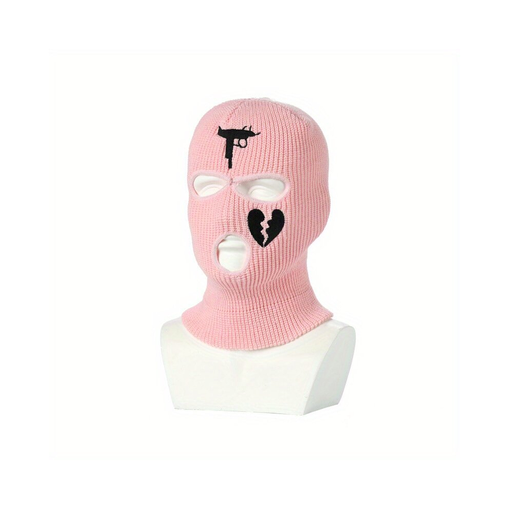 3 Holes Winter Warm Unisex Balaclava Mask Hat Embroidery Full Face Mask Knitted Cycling Ski Snowboard Hat Cap Hip Hop Beanie Gift Pink 885675023543