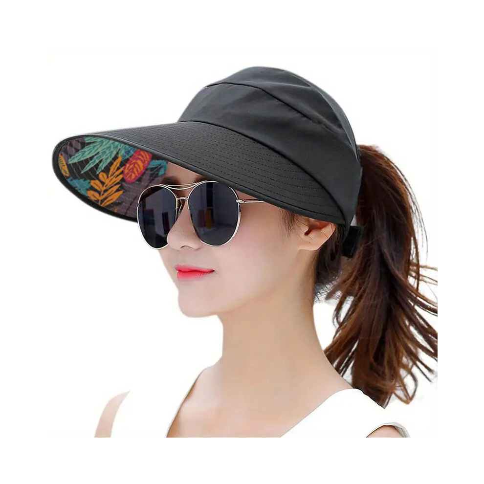 Foldable Casual Ponytail Visor Hat Lightweight Wide Brim Uv Protection Sun Hat Women Travel Beach Hats For Summer Outdoor Black