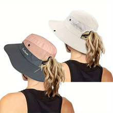 2pcs Womens Ponytail Sun Hat Mesh Breathable Bucket Hats Foldable UV Protection Boonie Beach Cap Fishing Hiking