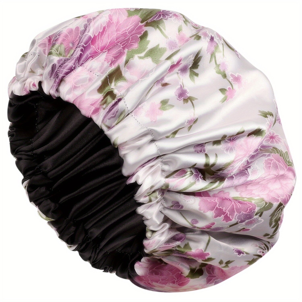 Flower Printed Satin Bonnet Elastic Hair Bonnet Cap Sleeping Night Cap Soft Shower Bath Cap For Women
