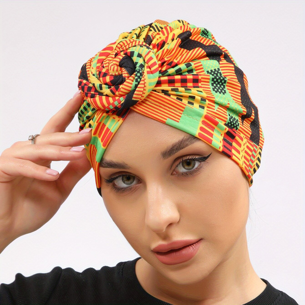 Geometric Plaid Print Turban Colorful Head Scarf Women Casual Ramadan Head Wrap Breathable Elastic Beanie Cap-image-OPC-PCMVQKH-NEW