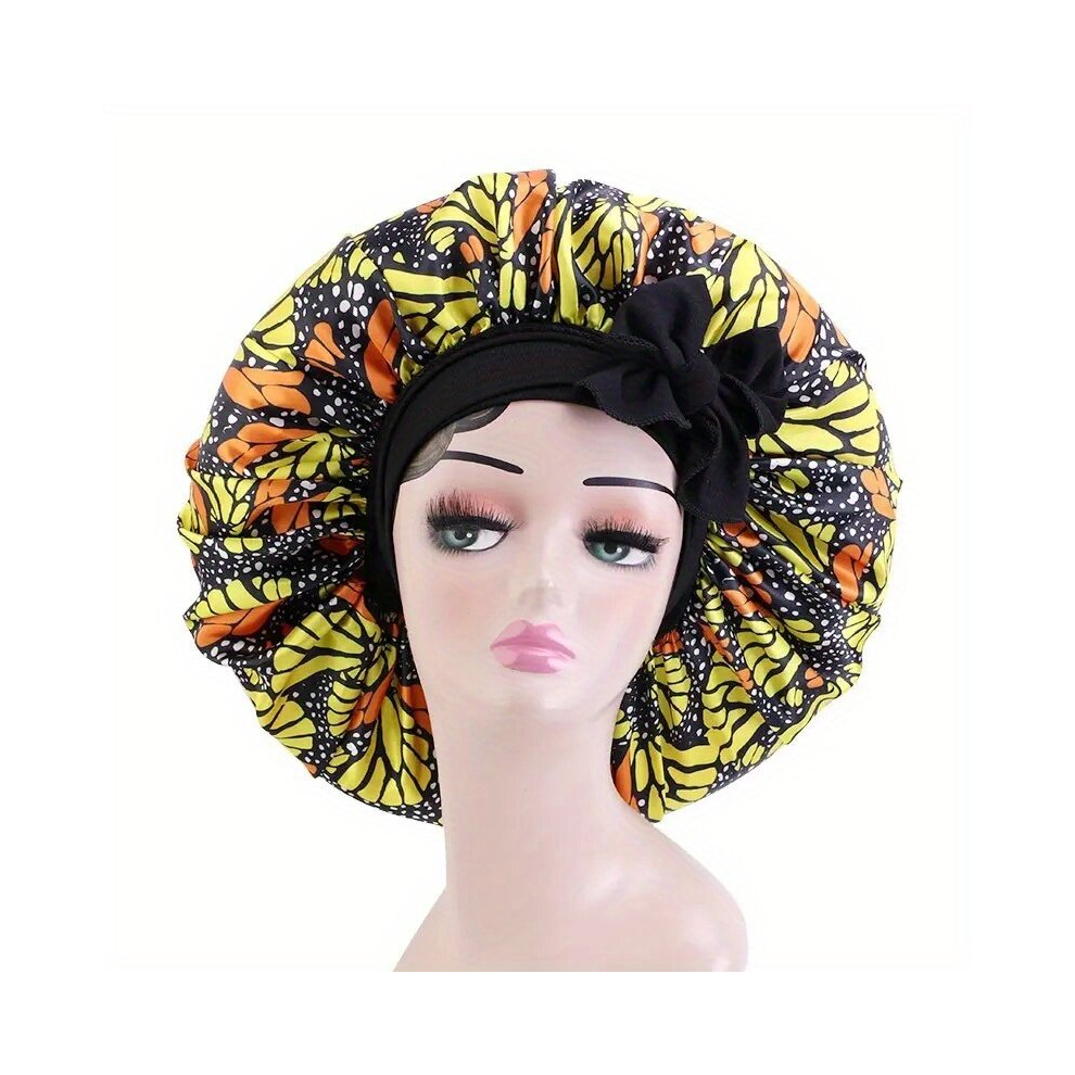 Multicoloured Boho Print Satin Bonnet Large Sleep Cap Bowknot Tied Hair Bonnets Elastic Ribbon Adjustable Hair Cap Shower Cap Turban