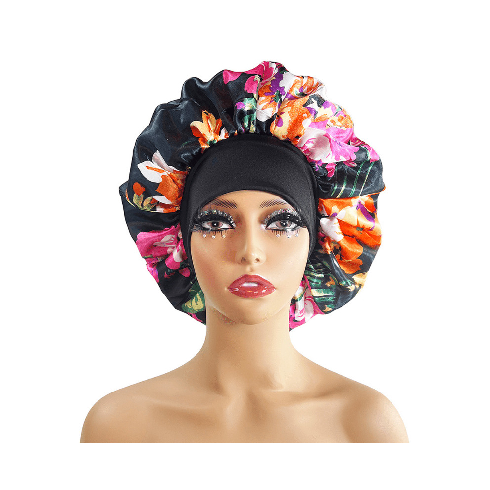 Multicoloured Flower Print Satin Bonnet Large Sleep Cap Hair Bonnets Stretchy Hair Cap Shower Cap Turban Head Wrap
